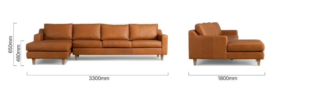 Douglas Leather Corner Couch with Daybed Left Ginger Dimensions