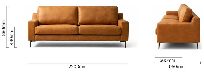 tulbagh 3-seater leather coucg caramel dimensions