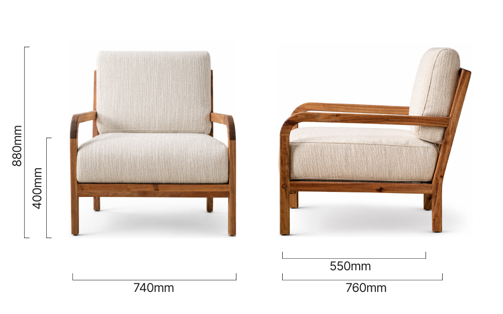 Vrede Fabric Armchair Blackwood Sea Sand Dimensions