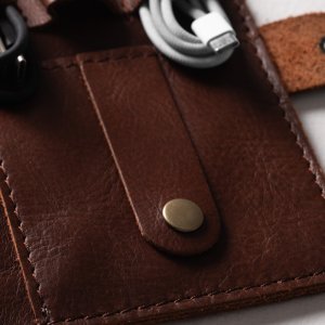 Premium leather tech organizer for chargers and power banks