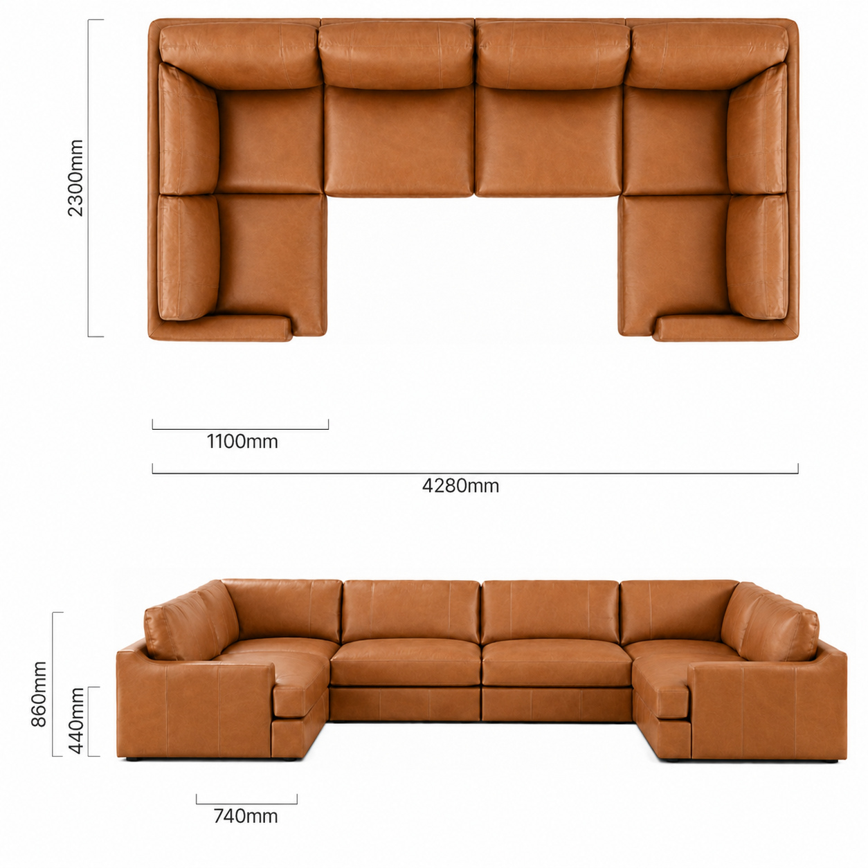 Windermere u-Shape Leather Couch Tan Dimensions