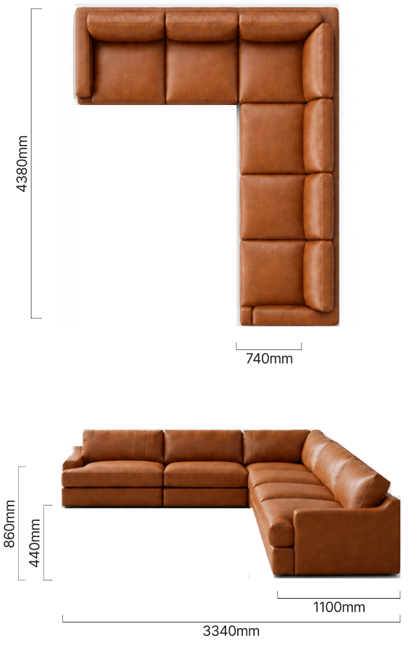 Windermere Extra Large Modular Leather Corner Couch Cinnamon Dimensions