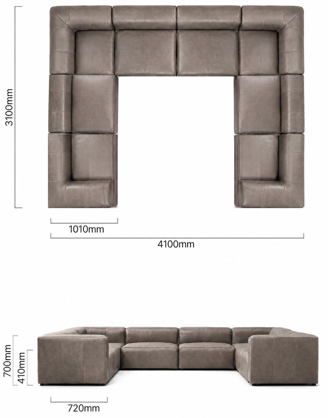 Havenwood U-Shape Modular Leather Couch Shadow Ash