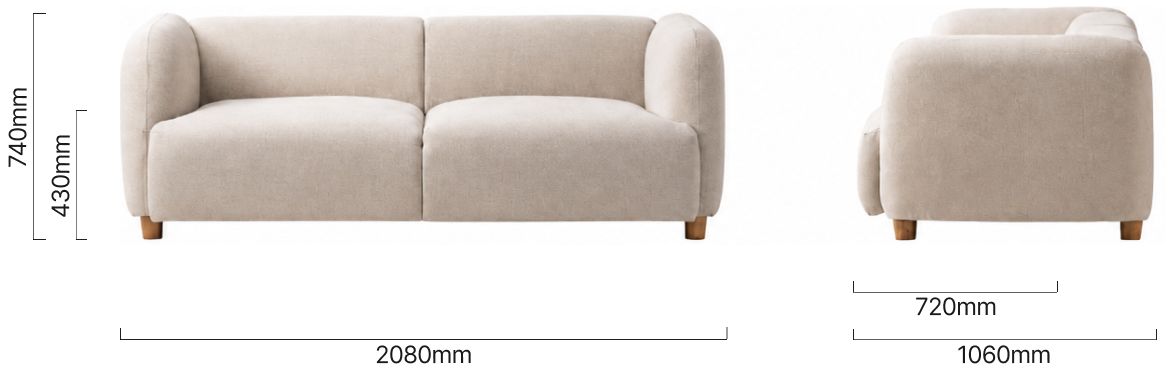 Monteluce 3-seater fabric couch -Latté Dimensions